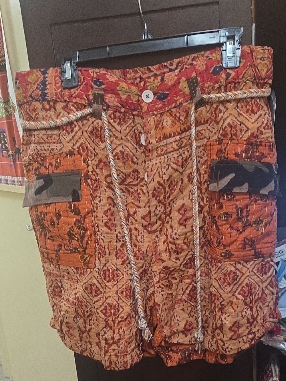 Free People Orange Printed Drawstring  Shorts Kantha